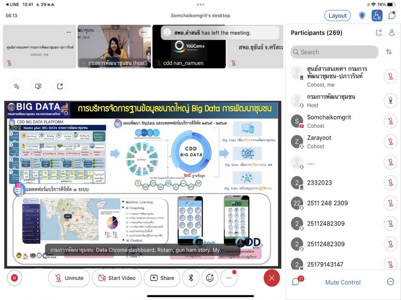 ศูนย์สารสนเทศฯ ชี้แจงการใช้งานระบบ Big Data กรมการพัฒนาชุมชน : ศูนย์เรียนรู้การพัฒนาคุณภาพชีวิตตามหลักทฤษฎีใหม่ ประยุกต์สู่ “โคก หนอง นา โมเดล” ผ่านระบบ Webex Meetings กรมการพัฒนาชุมชน